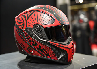 Fototapeta premium Futuristic red motorcycle helmet with tribal design, aerodynamic structure and dark visor