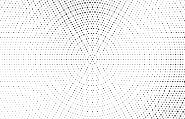 Radial halftone gradient background. Dotted concentric texture with fading effect. Black and white circle shade wallpaper. Grunge rough vector. Monochrome backdrop