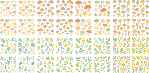 Cute Mushroom and Leaf Patterns Collection.