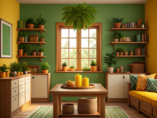 Bright cozy interior with natural light, green walls, wooden shelves and decorative plants