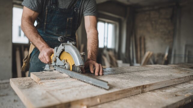 Craftsman skillfully using a circular saw to precisely cut wood for a project
