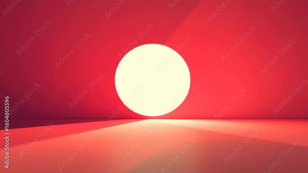 Wall mural bright glowing white circle light on red background with abstract modern minimalistic design casting