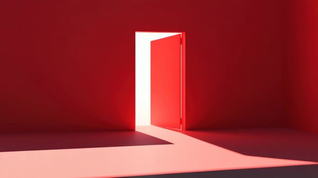 Open door with bright light shining through red room interior, casting long shadow on floor near entrance pathway, symbolizing opportunity and new beginnings in minimalistic space