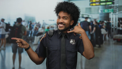 Man in police uniform gestures call me at busy airport with smiling expression pointing sideways,...