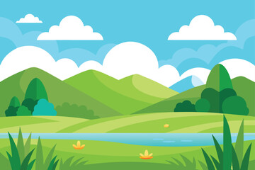 Obraz premium Green hills blue sky white clouds river water orange flowers nature landscape