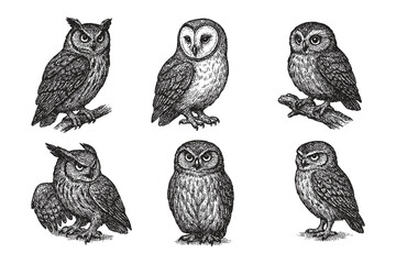 Detailed vintage owl illustrations in various poses and expressions, perfect for nature or woodland-themed designs.
