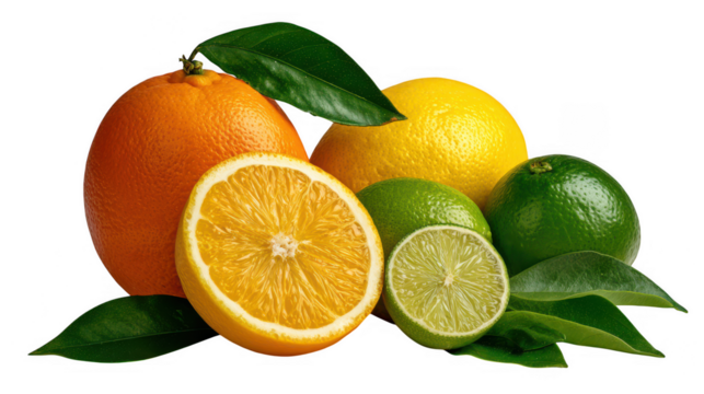 Fresh citrus fruits including orange lemon and limes isolated on transparent background