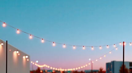 Fototapeta premium Warm glowing string lights draping above a serene outdoor space during sunset with a soft gradient sky in the background