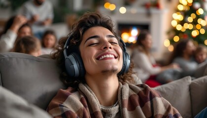 A person with noise-cancelling headphones blissfully relaxes amidst a chaotic Christmas family gathering, showcasing serenity in a lively holiday. Perfect for themes of stress relief, modern living