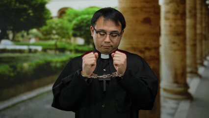 Asian man in clerical attire with handcuffs stands outside a church with stone columns, conveying a...