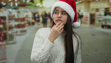 Woman in santa hat thoughtfully gazing inside a store in a bustling mall setting, wearing a white...