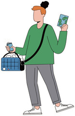 Cartoon Traveler with Map and Bag