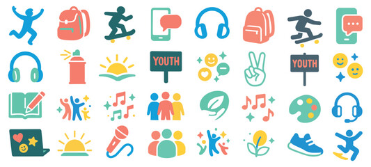 Colorful Youth Activity Icons Set Featuring Sports, Music, and Social Elements