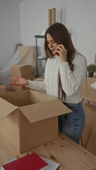 Woman unpacking boxes while talking on phone in new home surrounded by moving supplies and...