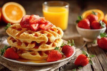 Stacked waffles topped with fresh strawberries and orange juice