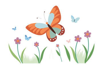 Orange and blue butterflies flying over purple flowers and green grass butterfly