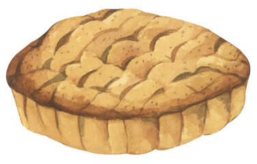 Autumn Pie. Cozy Autumn Dessert Watercolor for Feast, Family, and Harvest. Festive Holiday Dish for Thanksgiving, Halloween, or Holiday Menu.