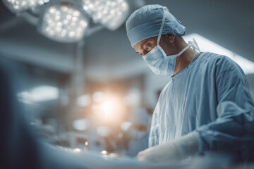 skilled and focused surgeon stands in operating room gazing intently at patient on table