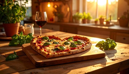 Heart Shaped Pizza with Basil and Wine on Wooden Table at Sunset