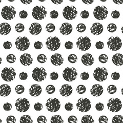 Seamless pattern knitting balls ornament. Scribbles monochrome polka dots endless background. Black and white messy dot repeat cover. Circles continuous surface aop. Vector hand drawn illustration.
