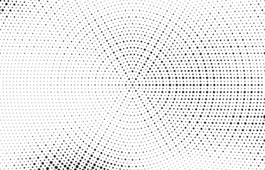 Radial halftone gradient background. Dotted concentric texture with fading effect. Black and white circle shade wallpaper. Grunge rough vector. Monochrome backdrop