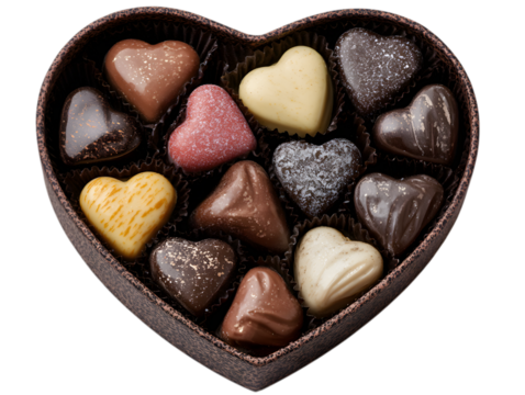 Valentine's chocolate box with assorted heart-shaped chocolates inside. isolated on transparent background with clipping path, for Valentine's Day, Mother's Day, Loveday dessert treat. - Powered by Adobe