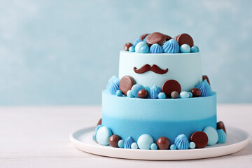 A two-tiered blue cake decorated with chocolate accents, colorful candies, and a playful mustache motif sits elegantly on a white plate.