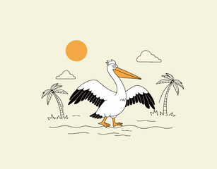 Cartoon Pelican with Hat on Beach