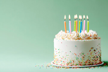 A beautifully decorated white cake topped with colorful candles burns brightly, surrounded by a sprinkle of vibrant confetti on a pastel green background.