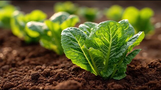 Fresh green lettuce growing in rich, dark soil, bathed in sunlight
