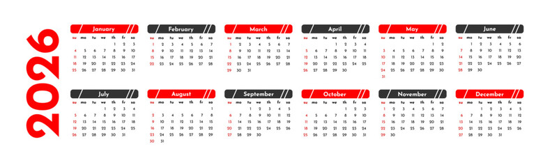 Calendar for 2026 isolated on a white background