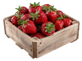 A vibrant composition showcasing a bountiful collection of luscious, freshly picked strawberries, nestled in a rustic wooden crate.