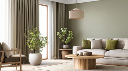 olive green living room, linen curtains, wooden table, beige sofa, indoor plants, calm earthy tones