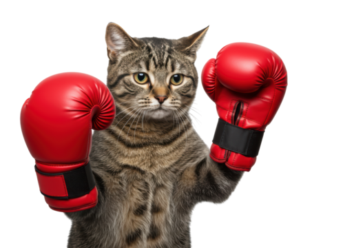 Isolated Cat Boxer Wearing Red Boxing Gloves