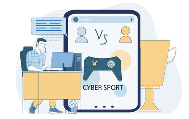 Gamer with headset at computer desk, large mobile screen showing versus match and gamepad, flat style on white background. Concept of e sports and competition. Vector illustration