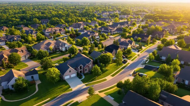Suburban neighborhood residential area with modern houses, green trees, warm sunlight, well maintained lawns, winding streets, quiet driveway, and beautiful roof architecture peaceful street setting