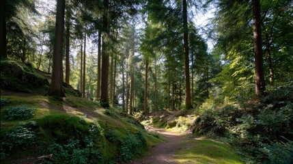 Fototapeta premium Serene Forest Pathway Surrounded by Lush Greenery and Tall Trees in Bright Natural Light