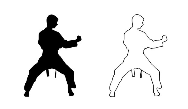 a black and white image of people doing karate art, black, image, man, people, silhouette 