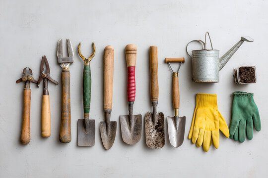 meticulous arrangement of various garden tools and equipment on clean ultrabright background