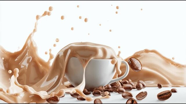 Dynamic Coffee Splash Capturing the Moment of Coffee Pouring and coffee beans around the white cup