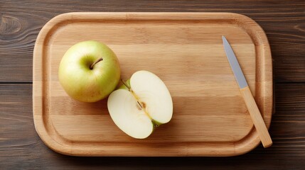 Fresh Green Apple Sliced on Wooden Cutting Board with Knife in Kitchen Setting