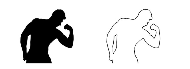 a black and white image of a man standing black, boxer, image, man, outline, silhouette, stand 