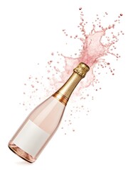 Fototapeta premium Sparkling rose champagne bottle splashing pink liquid and bubbles image