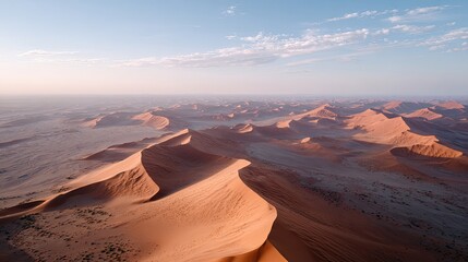 Naklejka premium Scenic View of Majestic Sand Dunes Under a Clear Blue Sky at Sunrise with Soft Golden Light in a Desert Landscape