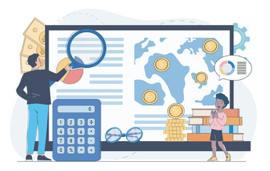 Obraz premium Two characters examine global economy data with graphs, coins, and maps on a digital screen, representing international finance and learning. Vector illustration