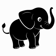 Baby Elephant with Trunk Up vector clean black silhouette design white background