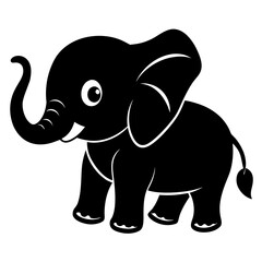 Obraz premium Baby Elephant with Trunk Up vector clean black silhouette design white background