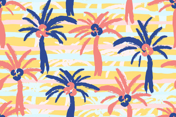 Abstract tropical vector seamless pattern. Pink blue stripes, palm trees, coconuts. For fabric prints, textile products, beachwear. Summer vacation.