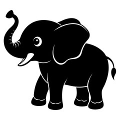 Baby Elephant with Trunk Up vector clean black silhouette design white background