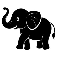Baby Elephant with Trunk Up vector clean black silhouette design white background